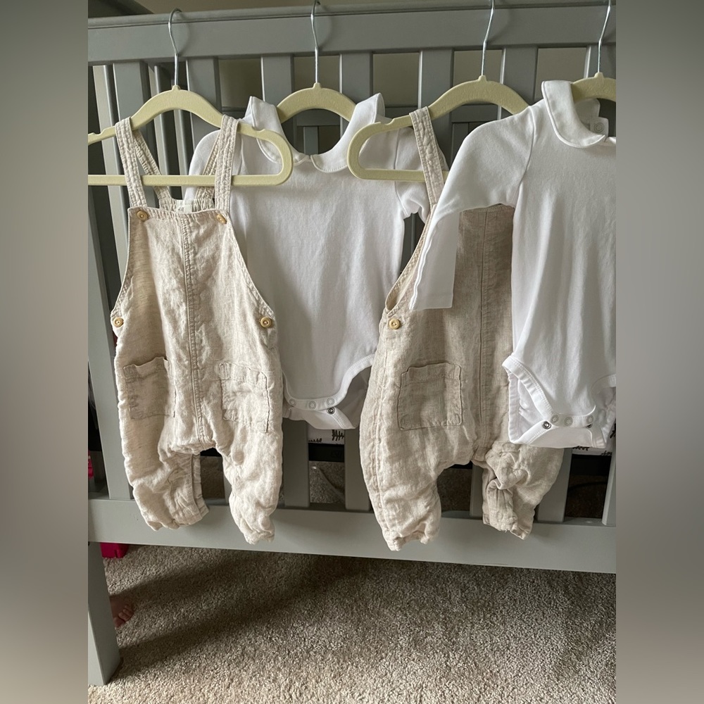 Twin Boy Linen Overall Set: 6-9 Months